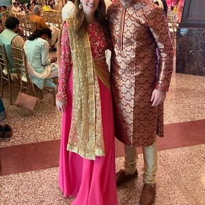 Bright Pink Lehenga Choli and gold dupatta